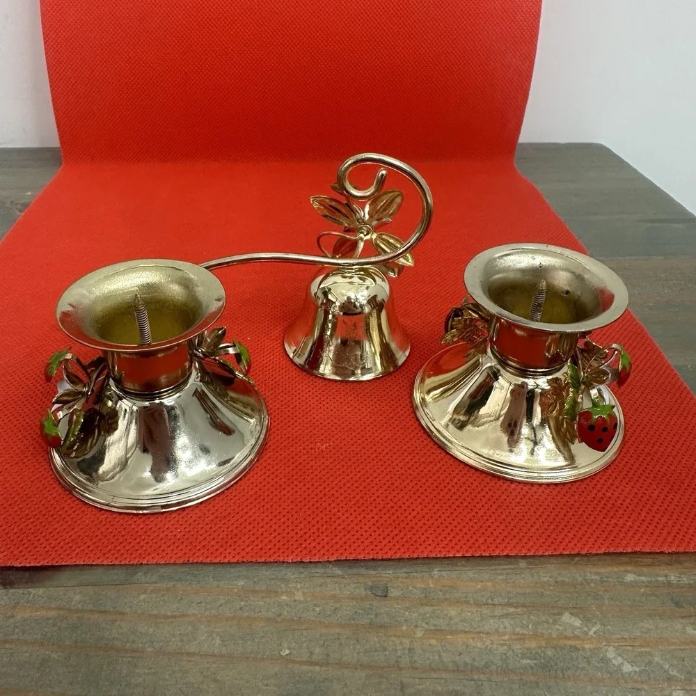 3 Piece Vintage George Good candle holders & snuffer Strawberry Enamel Gold Tone